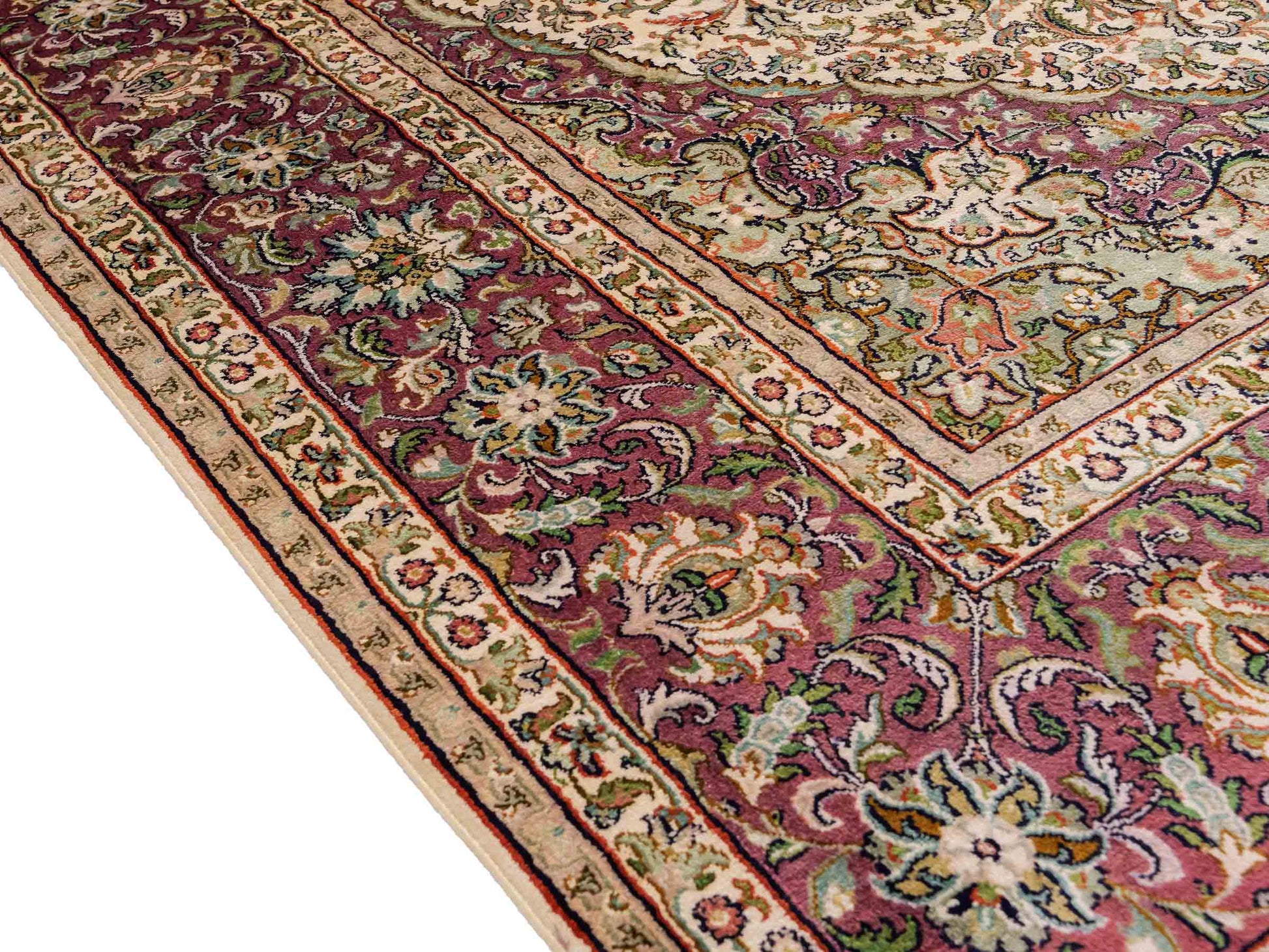 Sehr feiner, handgeknüpfter Kaschmir Seide Orientteppich von Khademi, creme, lila. 279x188 cm. Verkauf durch Jupiter Intl.