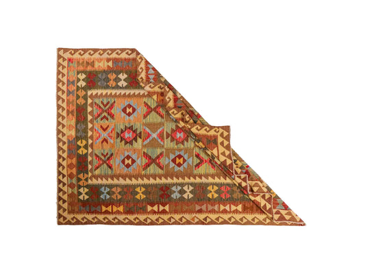 Handgewebter Kelim Afghan Teppich aus Wolle von Khademi. Größe 237 x 163 cm. Farbe: Beige, braun, grün. Verkauf durch JUPITER Intl.