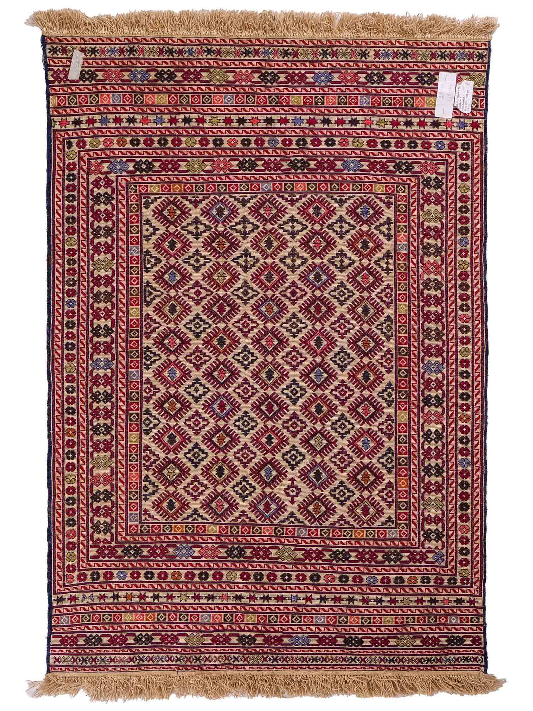 Handgefertigter Kelim Afghan Teppich aus Wolle von Khademi. Größe 138 x 90 cm. Farbe: Beige, rot, blau. Verkauf durch JUPITER Intl.