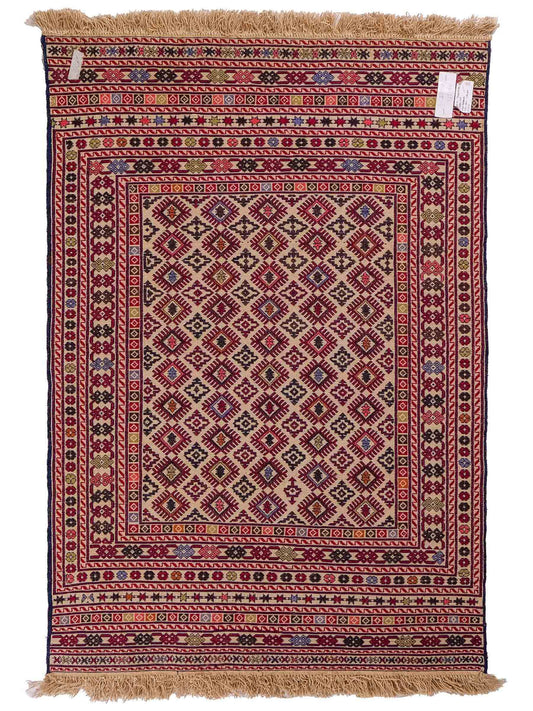 Handgefertigter Kelim Afghan Teppich aus Wolle von Khademi. Größe 138 x 90 cm. Farbe: Beige, rot, blau. Verkauf durch JUPITER Intl.