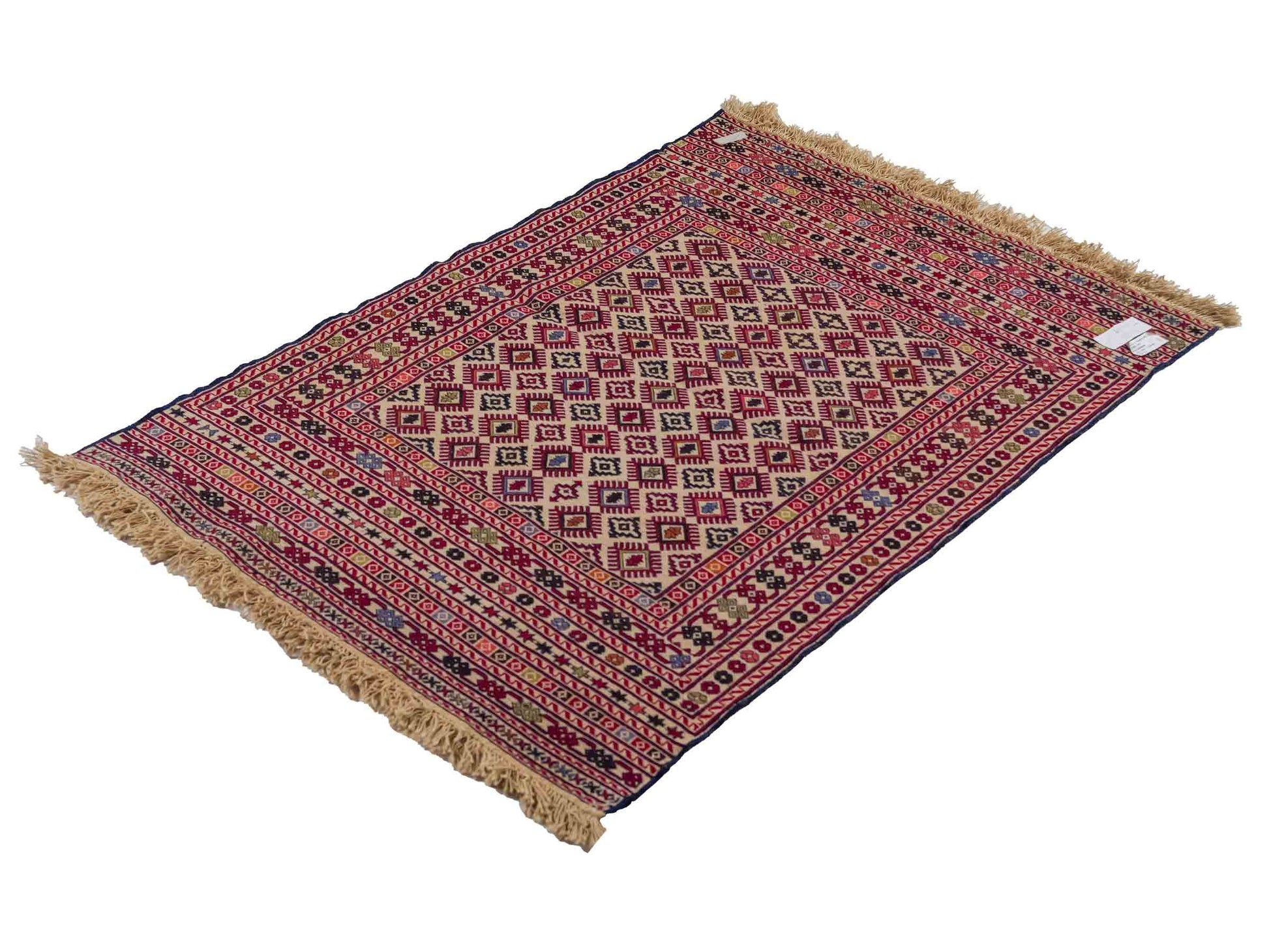 Handgefertigter Kelim Afghan Teppich aus Wolle von Khademi. Größe 138 x 90 cm. Farbe: Beige, rot, blau. Verkauf durch JUPITER Intl.