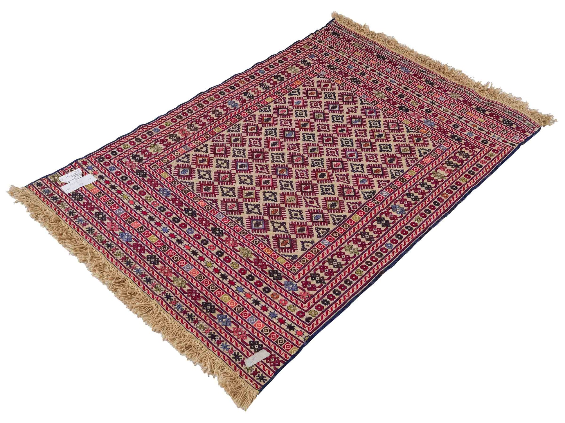 Handgefertigter Kelim Afghan Teppich aus Wolle von Khademi. Größe 138 x 90 cm. Farbe: Beige, rot, blau. Verkauf durch JUPITER Intl.
