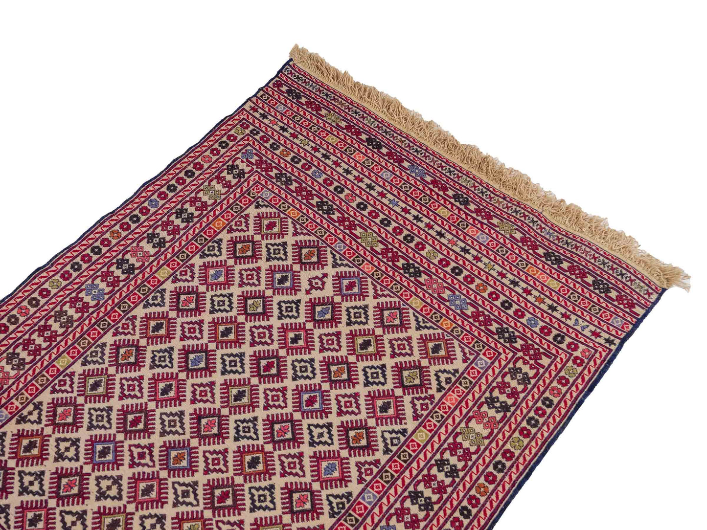 Handgefertigter Kelim Afghan Teppich aus Wolle von Khademi. Größe 138 x 90 cm. Farbe: Beige, rot, blau. Verkauf durch JUPITER Intl.
