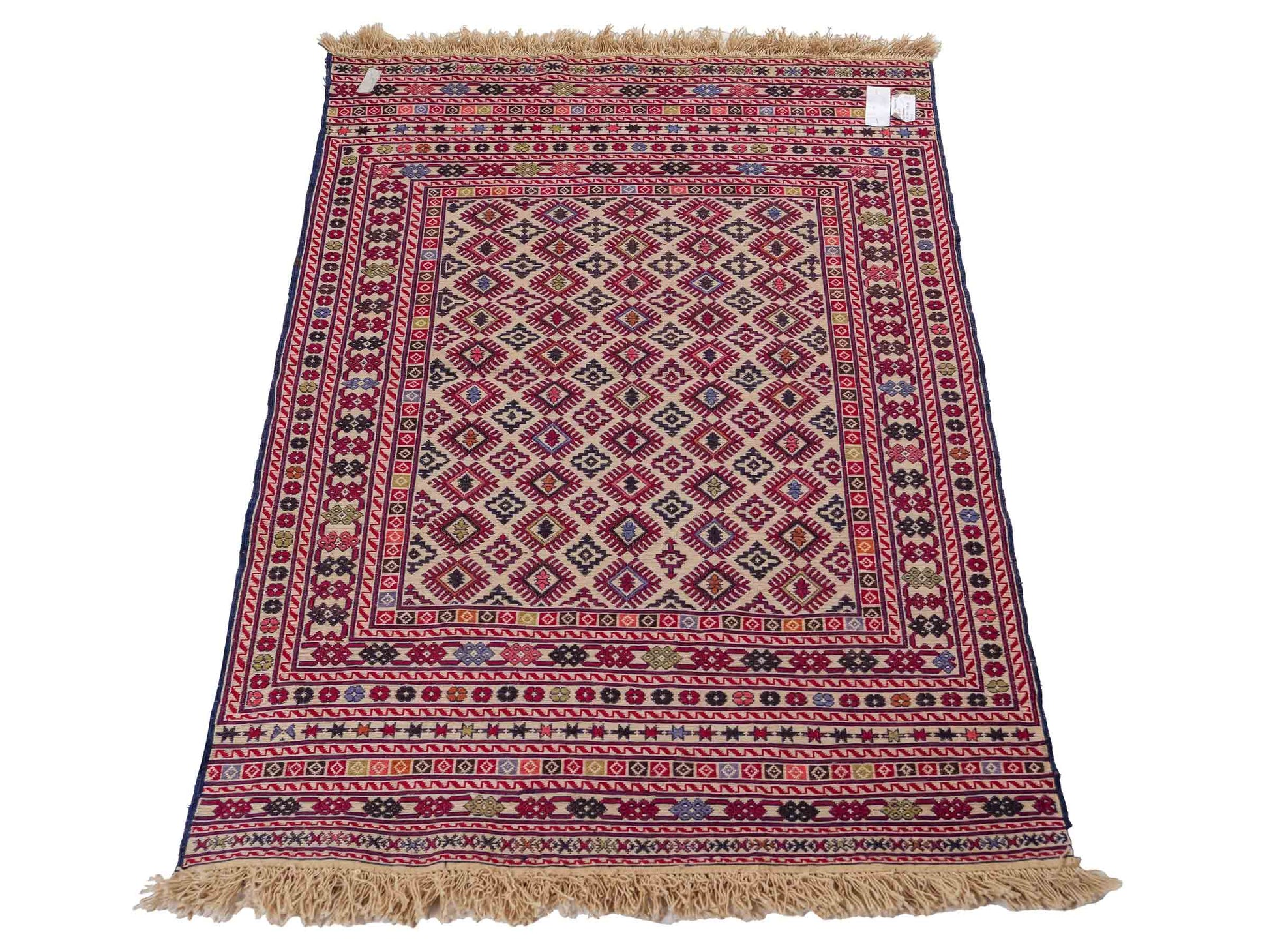 Handgefertigter Kelim Afghan Teppich aus Wolle von Khademi. Größe 138 x 90 cm. Farbe: Beige, rot, blau. Verkauf durch JUPITER Intl.