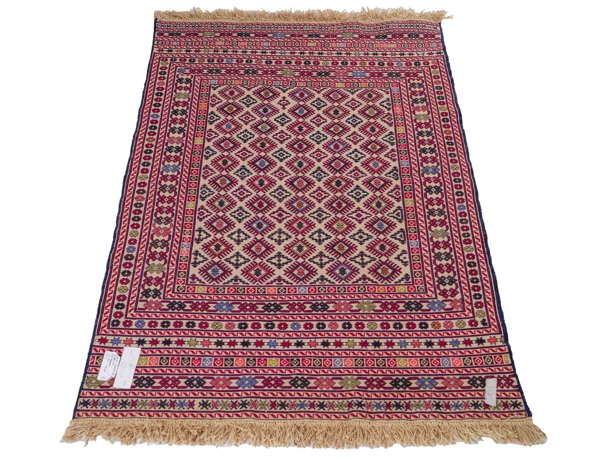 Handgefertigter Kelim Afghan Teppich aus Wolle von Khademi. Größe 138 x 90 cm. Farbe: Beige, rot, blau. Verkauf durch JUPITER Intl.