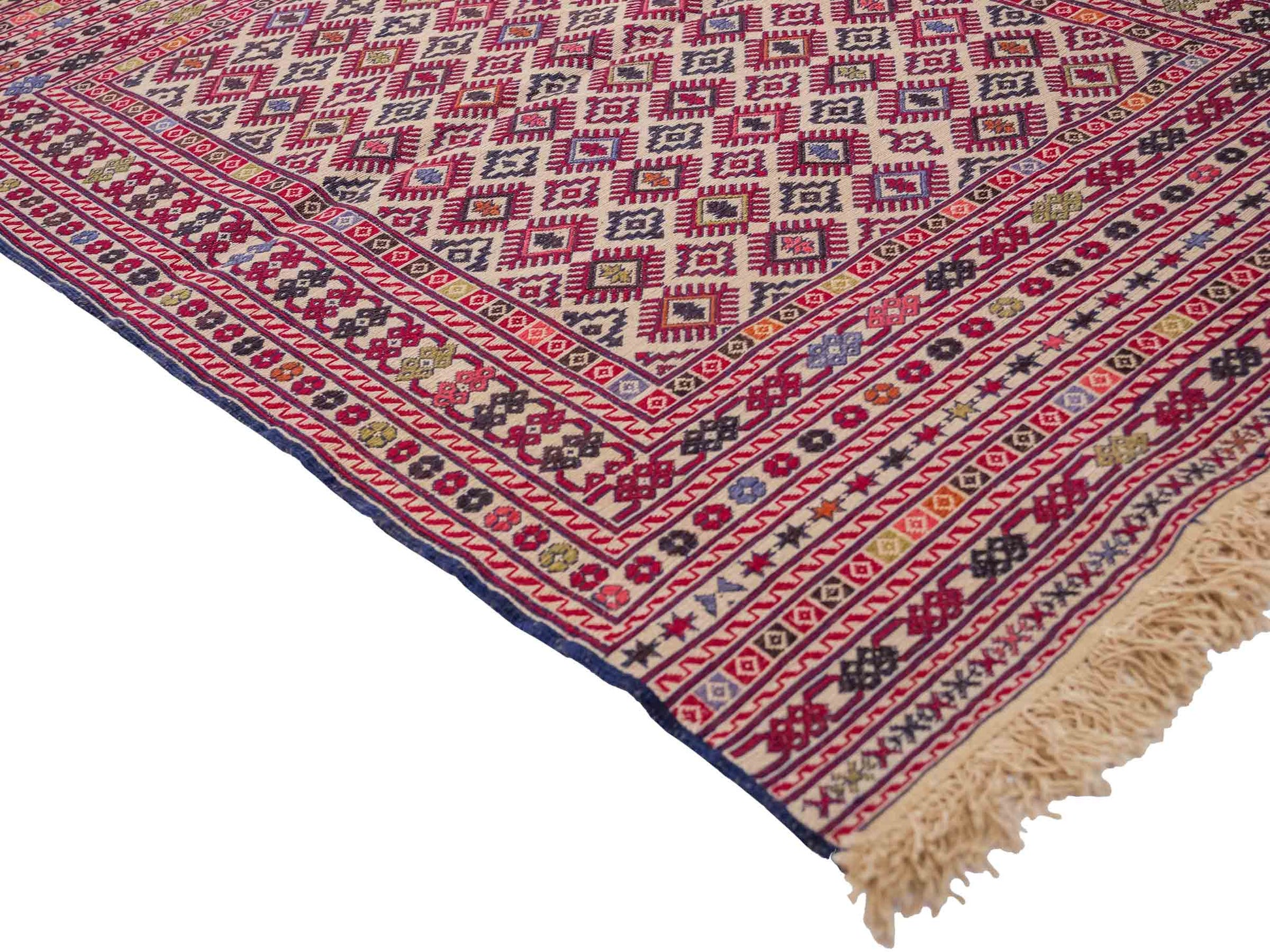 Handgefertigter Kelim Afghan Teppich aus Wolle von Khademi. Größe 138 x 90 cm. Farbe: Beige, rot, blau. Verkauf durch JUPITER Intl.