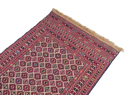 Handgewebter Kelim Afghan Teppich aus Wolle von Khademi. Größe 138 x 90 cm. Farbe: Beige, rot, blau. Verkauf durch JUPITER Intl.