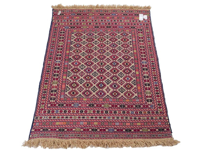 Handgewebter Kelim Afghan Teppich aus Wolle von Khademi. Größe 138 x 90 cm. Farbe: Beige, rot, blau. Verkauf durch JUPITER Intl.
