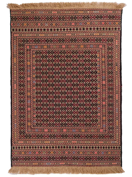 Handgefertigter Kelim Afghan Teppich aus Wolle von Khademi. Größe 140 x 99 cm. Farbe: Beige, rot, schwarz. Verkauf durch JUPITER Intl.