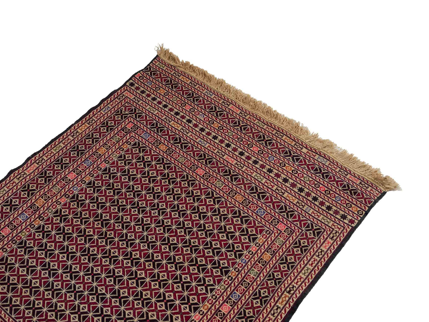 Handgefertigter Kelim Afghan Teppich aus Wolle von Khademi. Größe 140 x 99 cm. Farbe: Beige, rot, schwarz. Verkauf durch JUPITER Intl.