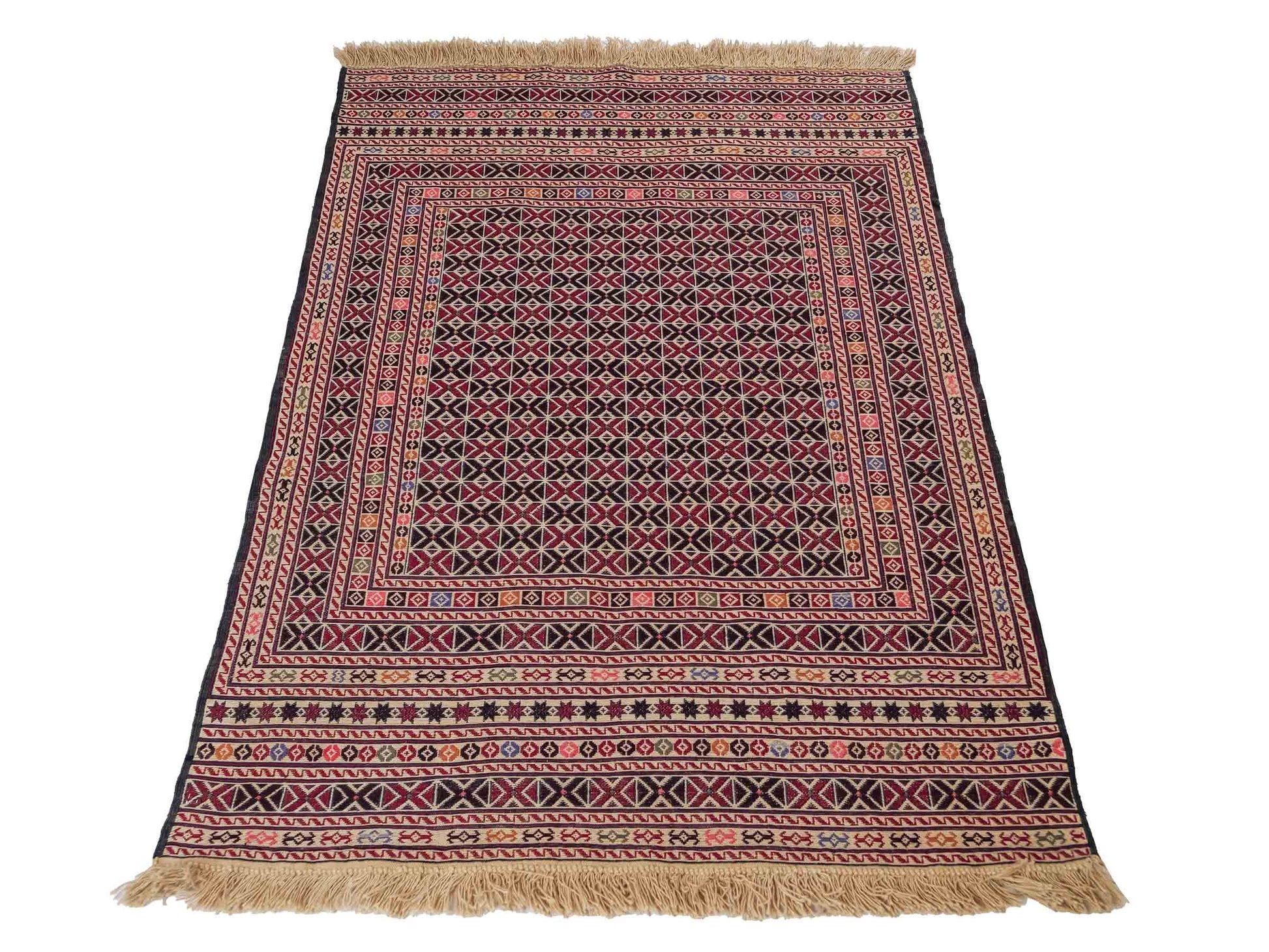 Handgefertigter Kelim Afghan Teppich aus Wolle von Khademi. Größe 140 x 99 cm. Farbe: Beige, rot, schwarz. Verkauf durch JUPITER Intl.