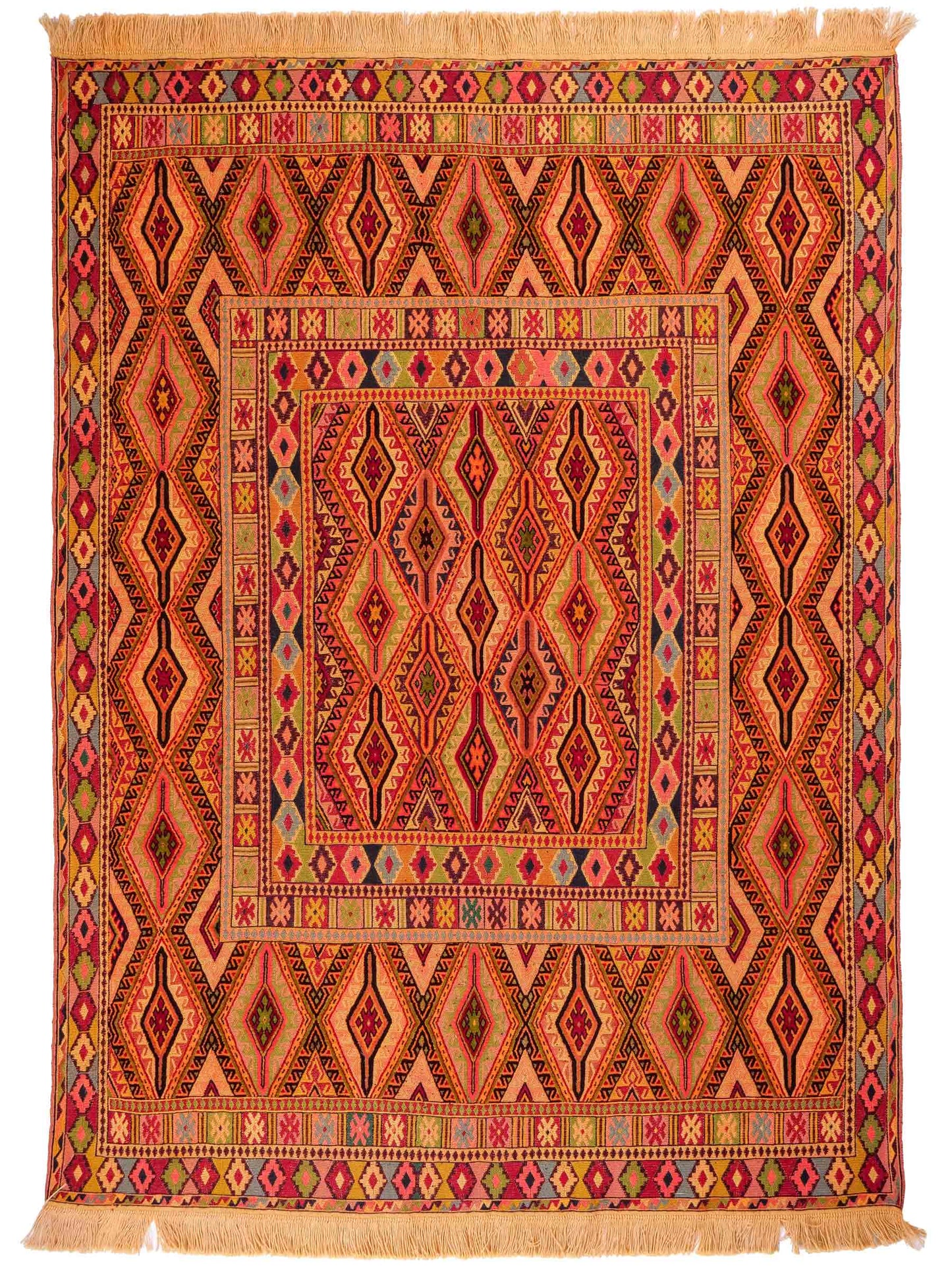Handgefertigter Kelim Afghan Teppich aus Wolle von Khademi. Größe 186 x 146 cm. Farbe: Gold, gelb, rot. Verkauf durch JUPITER Intl.