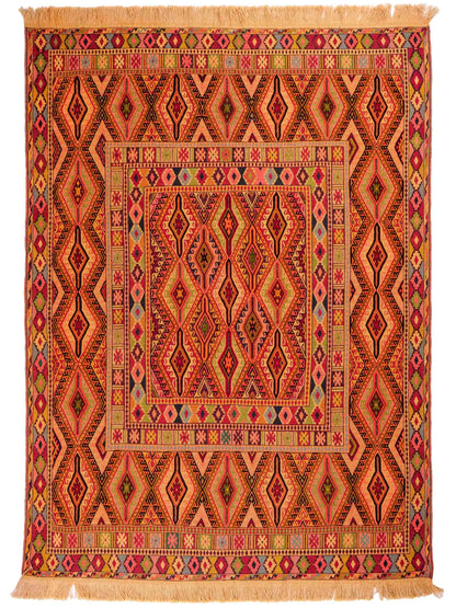 Handgefertigter Kelim Afghan Teppich aus Wolle von Khademi. Größe 186 x 146 cm. Farbe: Gold, gelb, rot. Verkauf durch JUPITER Intl.