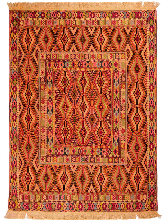 Handgefertigter Kelim Afghan Teppich aus Wolle von Khademi. Größe 186 x 146 cm. Farbe: Gold, gelb, rot. Verkauf durch JUPITER Intl.
