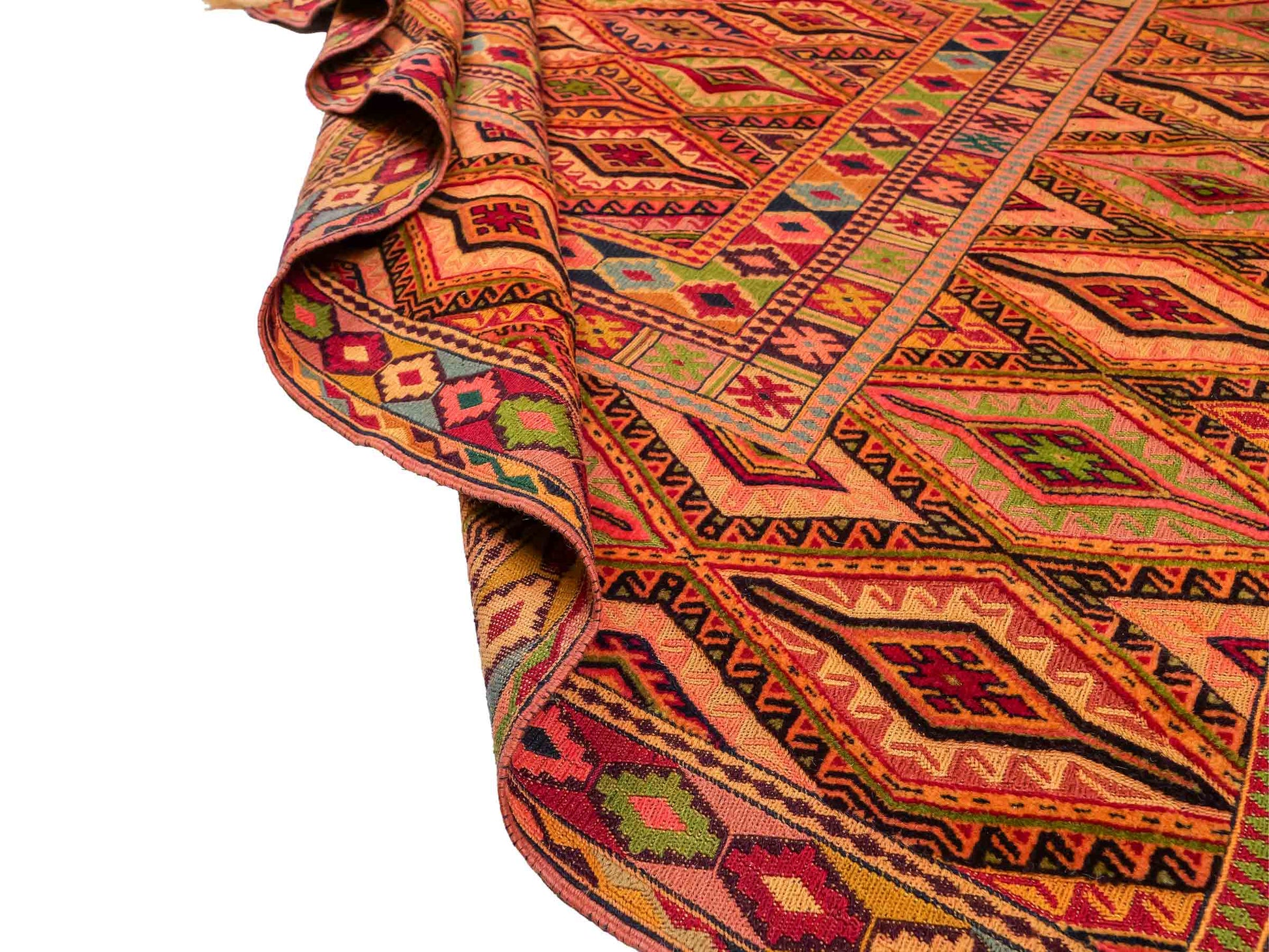Handgefertigter Kelim Afghan Teppich aus Wolle von Khademi. Größe 186 x 146 cm. Farbe: Gold, gelb, rot. Verkauf durch JUPITER Intl.