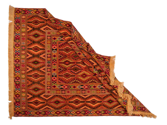 Handgefertigter Kelim Afghan Teppich aus Wolle von Khademi. Größe 186 x 146 cm. Farbe: Gold, gelb, rot. Verkauf durch JUPITER Intl.