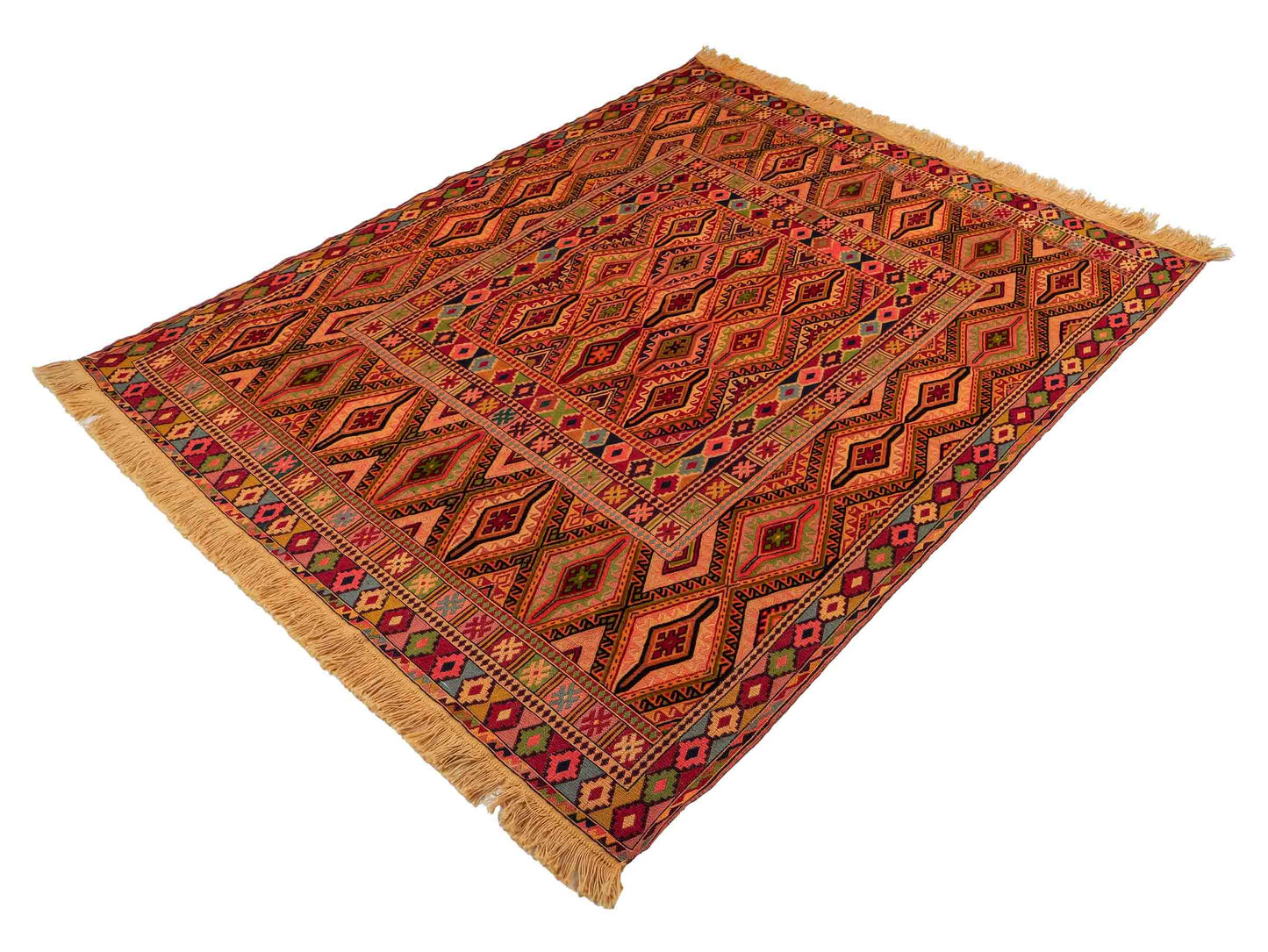 Handgefertigter Kelim Afghan Teppich aus Wolle von Khademi. Größe 186 x 146 cm. Farbe: Gold, gelb, rot. Verkauf durch JUPITER Intl.