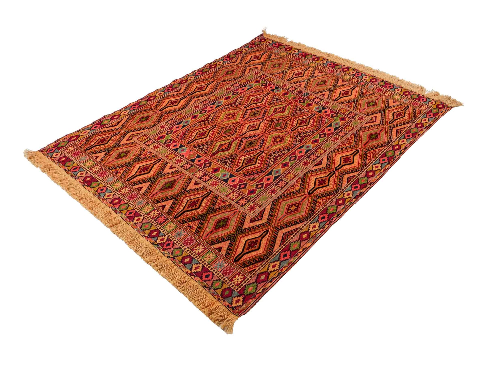 Handgefertigter Kelim Afghan Teppich aus Wolle von Khademi. Größe 186 x 146 cm. Farbe: Gold, gelb, rot. Verkauf durch JUPITER Intl.