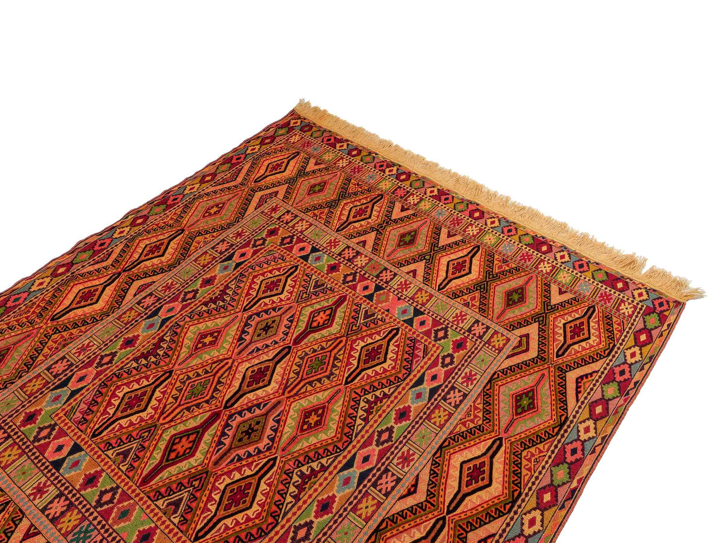 Handgefertigter Kelim Afghan Teppich aus Wolle von Khademi. Größe 186 x 146 cm. Farbe: Gold, gelb, rot. Verkauf durch JUPITER Intl.