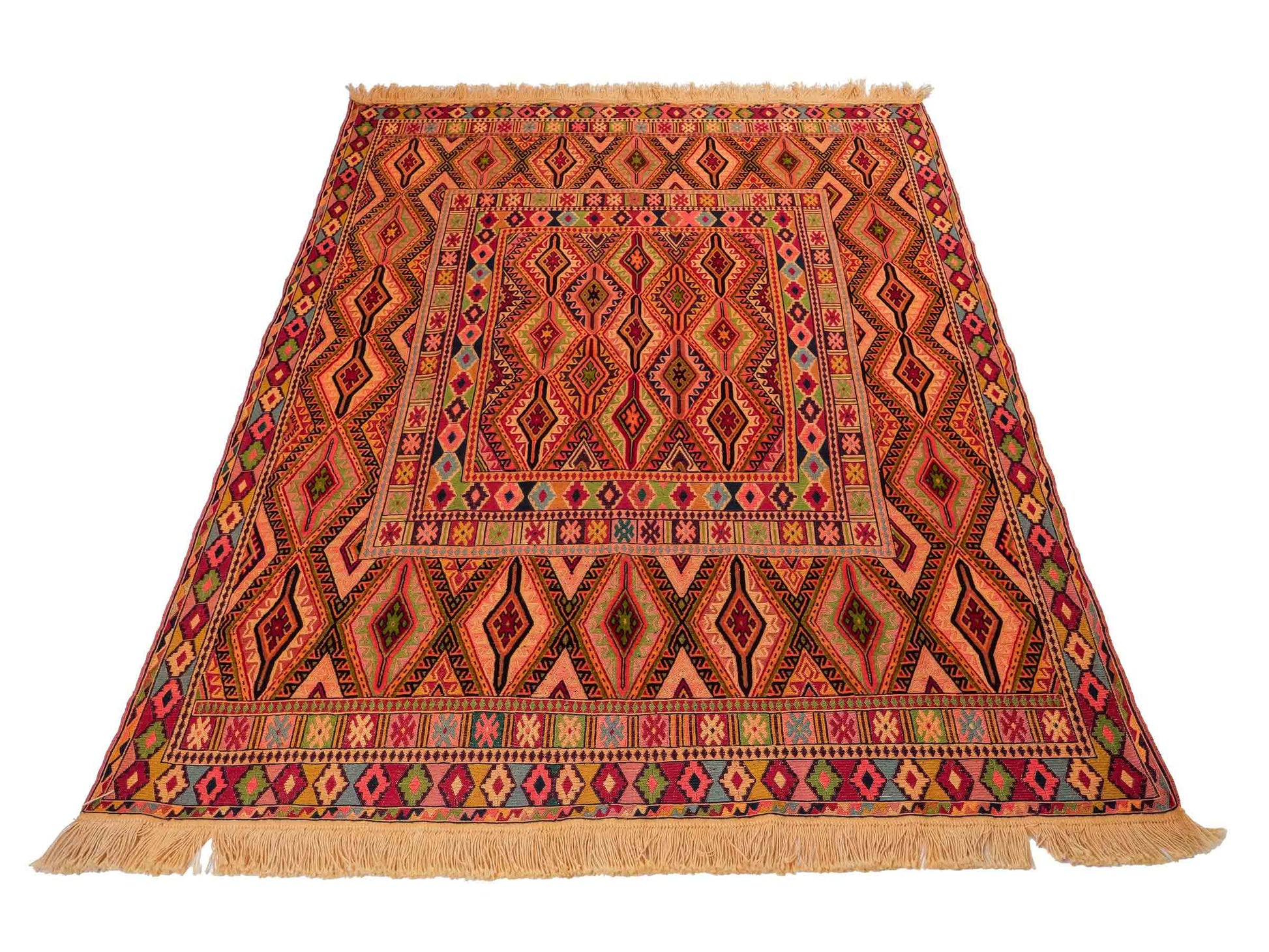 Handgefertigter Kelim Afghan Teppich aus Wolle von Khademi. Größe 186 x 146 cm. Farbe: Gold, gelb, rot. Verkauf durch JUPITER Intl.