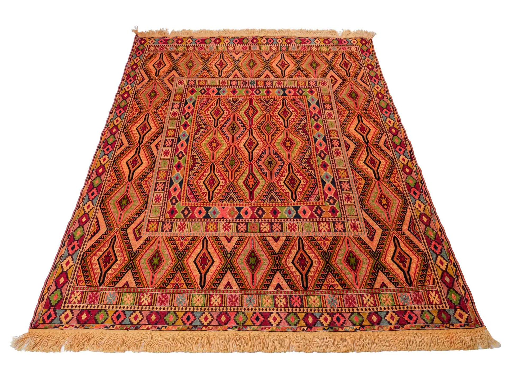 Handgefertigter Kelim Afghan Teppich aus Wolle von Khademi. Größe 186 x 146 cm. Farbe: Gold, gelb, rot. Verkauf durch JUPITER Intl.