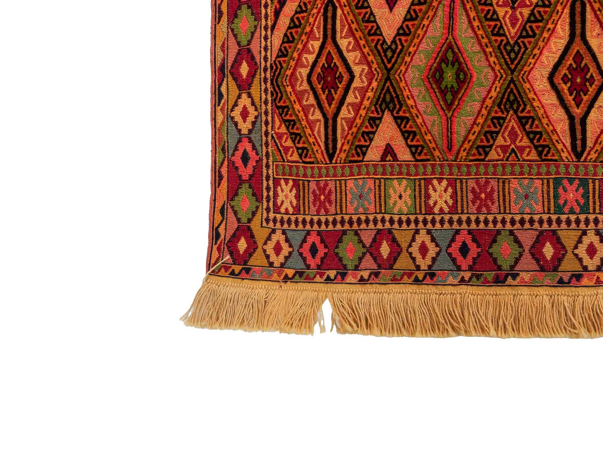 Handgefertigter Kelim Afghan Teppich aus Wolle von Khademi. Größe 186 x 146 cm. Farbe: Gold, gelb, rot. Verkauf durch JUPITER Intl.