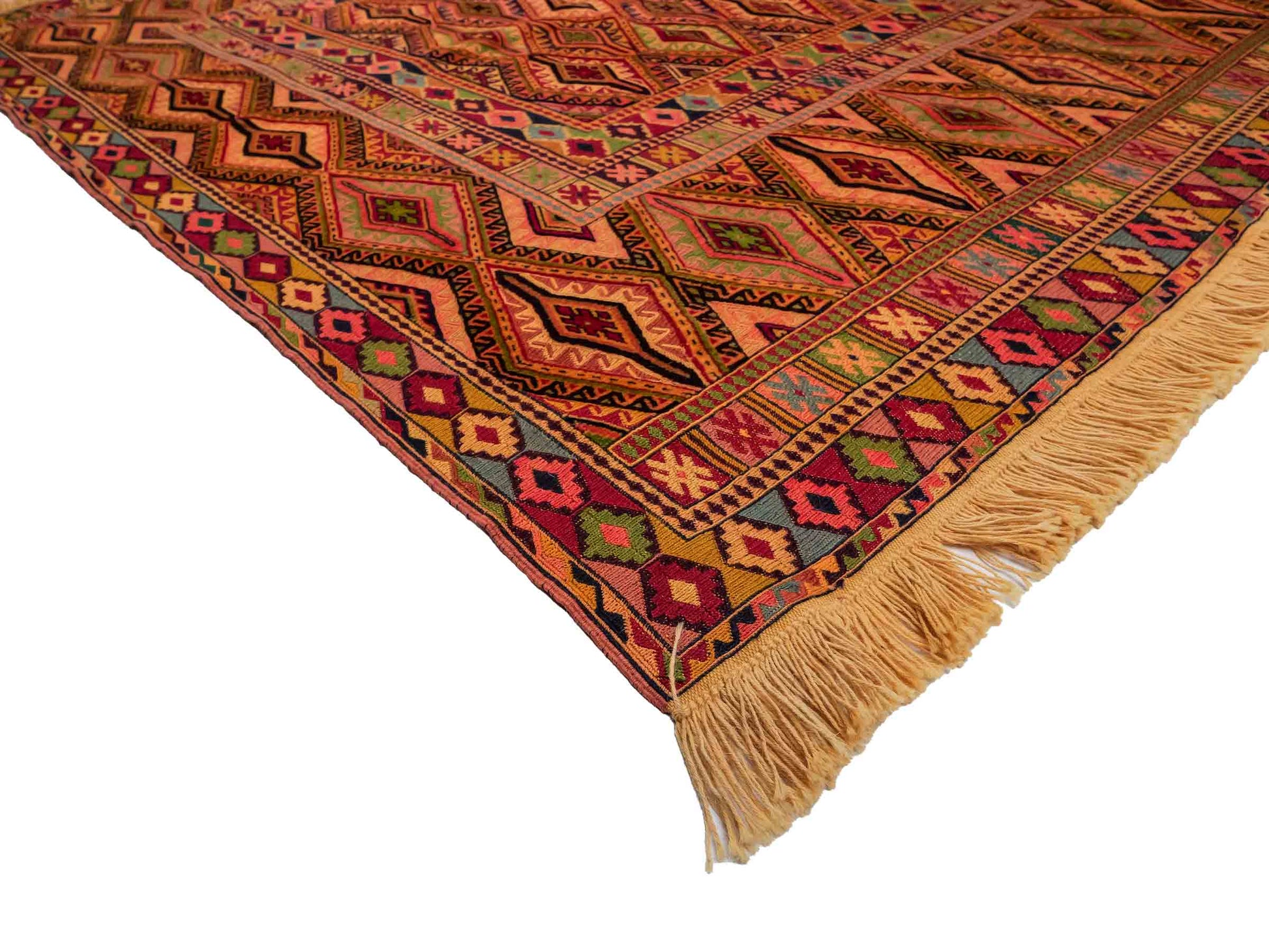Handgefertigter Kelim Afghan Teppich aus Wolle von Khademi. Größe 186 x 146 cm. Farbe: Gold, gelb, rot. Verkauf durch JUPITER Intl.