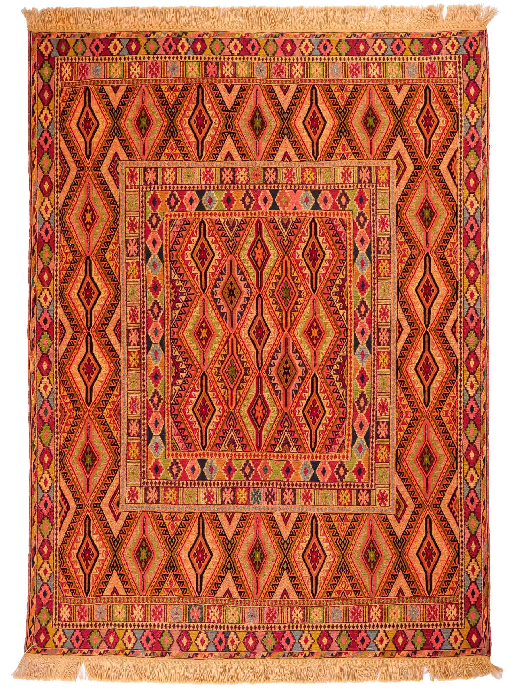 Handgewebter Kelim Afghan Teppich aus Wolle von Khademi. Größe 186 x 146 cm. Farbe: Gold, gelb, rot. Verkauf durch JUPITER Intl.