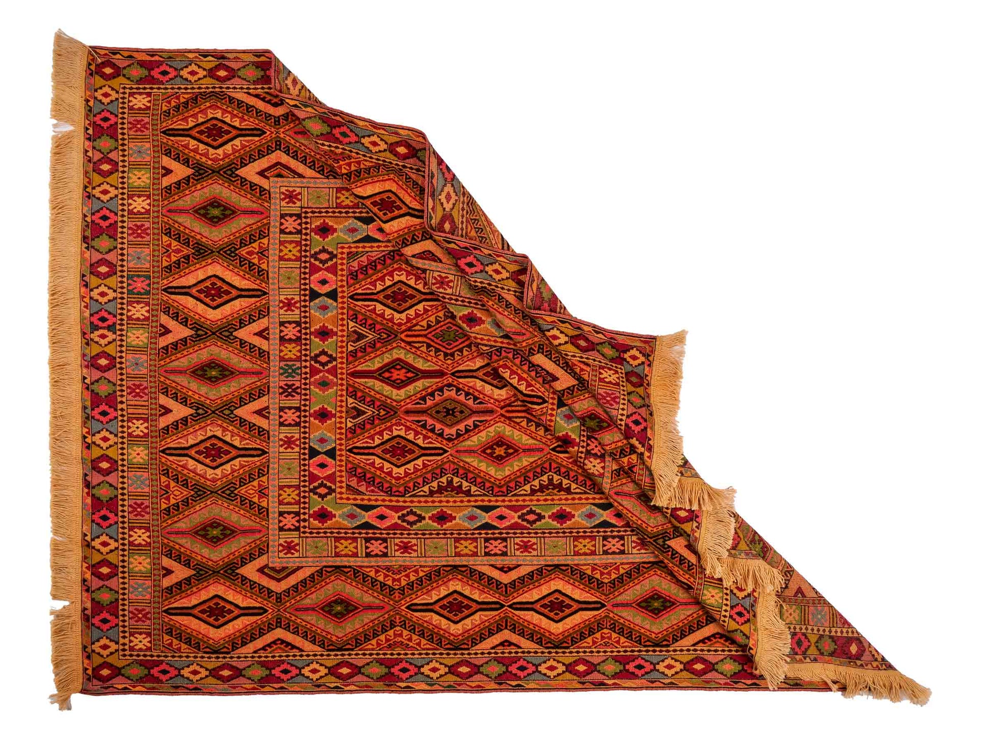 Handgewebter Kelim Afghan Teppich aus Wolle von Khademi. Größe 186 x 146 cm. Farbe: Gold, gelb, rot. Verkauf durch JUPITER Intl.