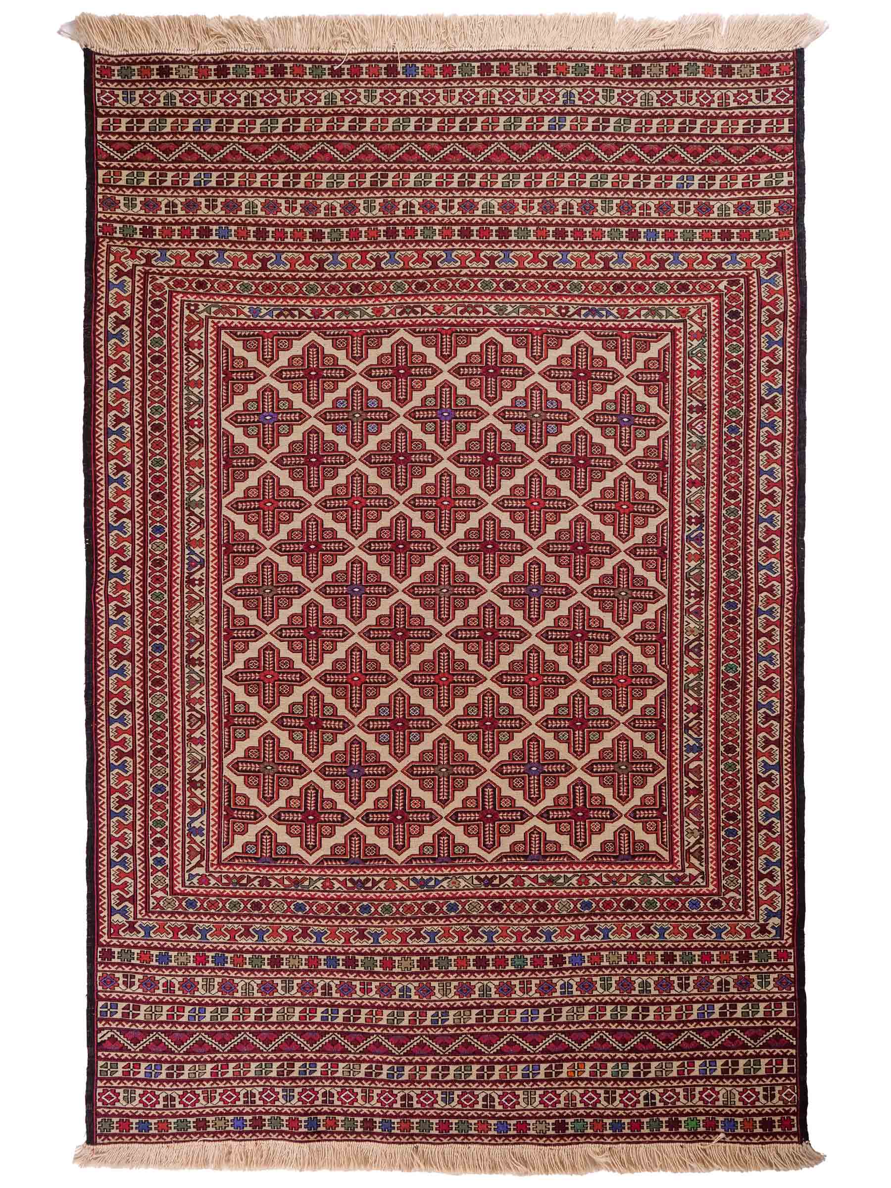 Handgefertigter Kelim Afghan Teppich aus Wolle von Khademi. Größe 193 x 130 cm. Farbe: Beige, rot, blau. Verkauf durch JUPITER Intl.