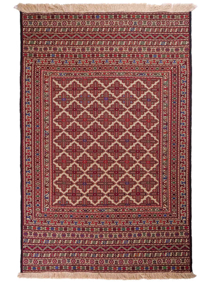 Handgefertigter Kelim Afghan Teppich aus Wolle von Khademi. Größe 193 x 130 cm. Farbe: Beige, rot, blau. Verkauf durch JUPITER Intl.