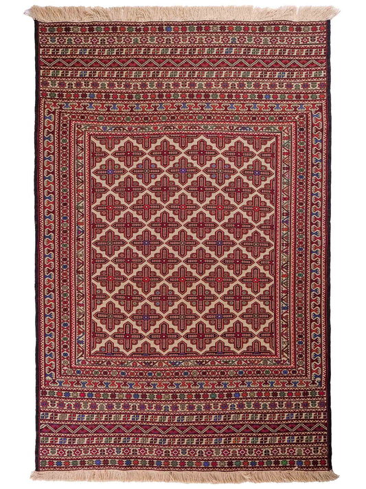 Handgefertigter Kelim Afghan Teppich aus Wolle von Khademi. Größe 193 x 130 cm. Farbe: Beige, rot, blau. Verkauf durch JUPITER Intl.