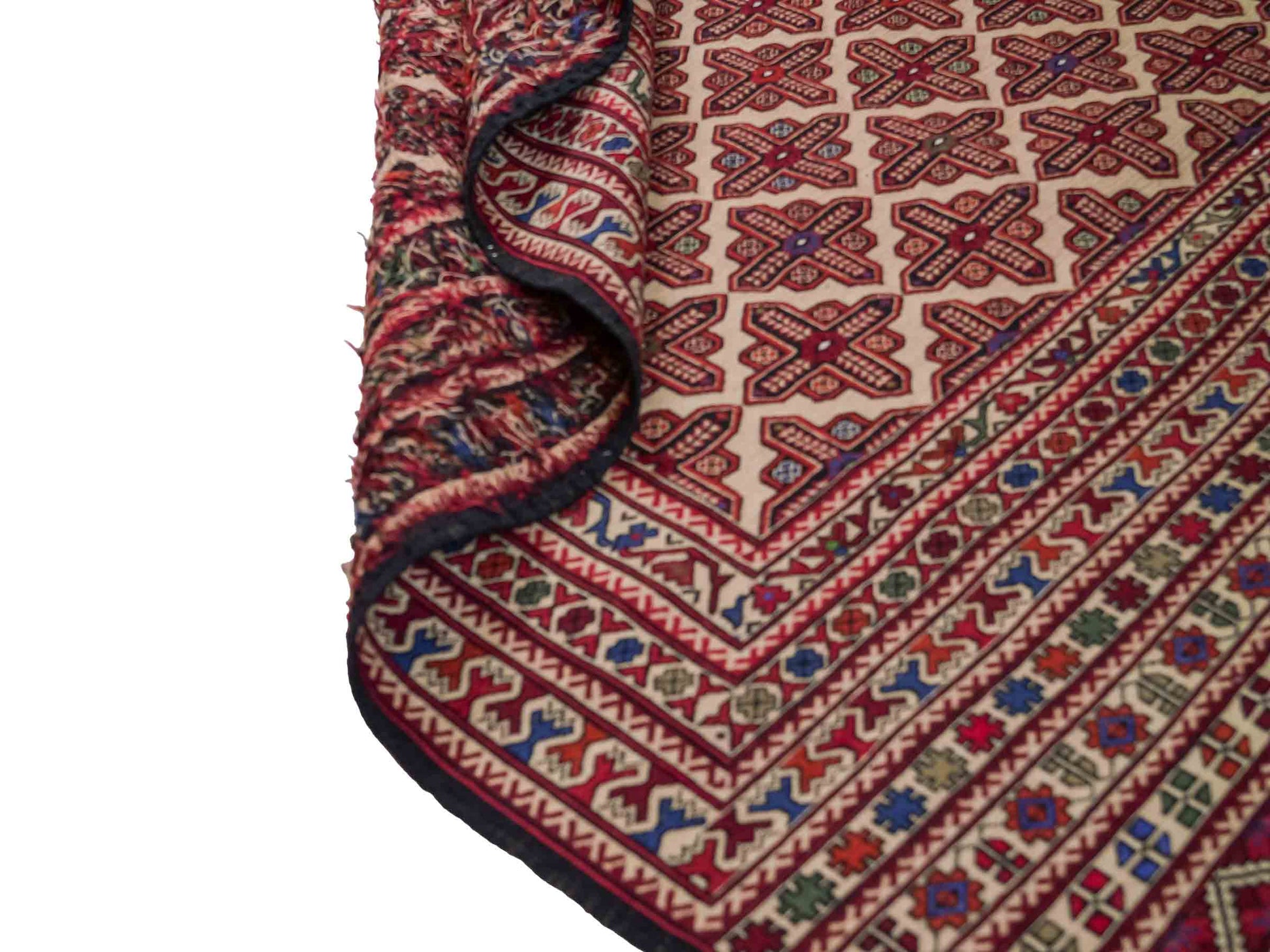 Handgefertigter Kelim Afghan Teppich aus Wolle von Khademi. Größe 193 x 130 cm. Farbe: Beige, rot, blau. Verkauf durch JUPITER Intl.