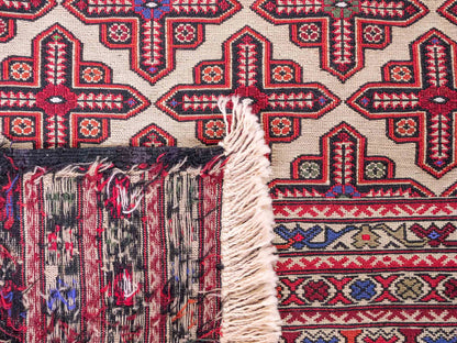 Handgefertigter Kelim Afghan Teppich aus Wolle von Khademi. Größe 193 x 130 cm. Farbe: Beige, rot, blau. Verkauf durch JUPITER Intl.