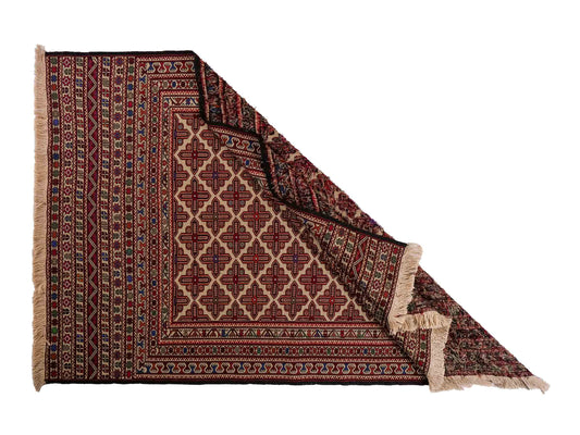 Handgefertigter Kelim Afghan Teppich aus Wolle von Khademi. Größe 193 x 130 cm. Farbe: Beige, rot, blau. Verkauf durch JUPITER Intl.