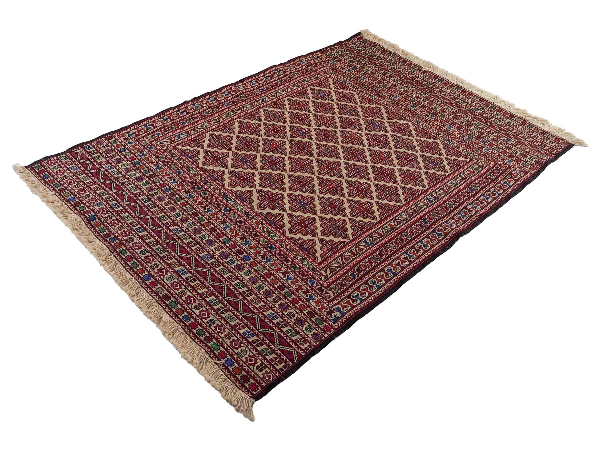 Handgefertigter Kelim Afghan Teppich aus Wolle von Khademi. Größe 193 x 130 cm. Farbe: Beige, rot, blau. Verkauf durch JUPITER Intl.