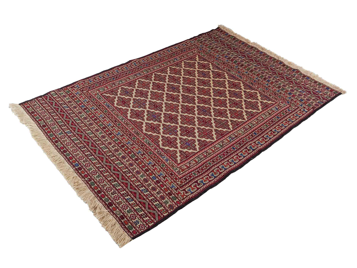 Handgefertigter Kelim Afghan Teppich aus Wolle von Khademi. Größe 193 x 130 cm. Farbe: Beige, rot, blau. Verkauf durch JUPITER Intl.