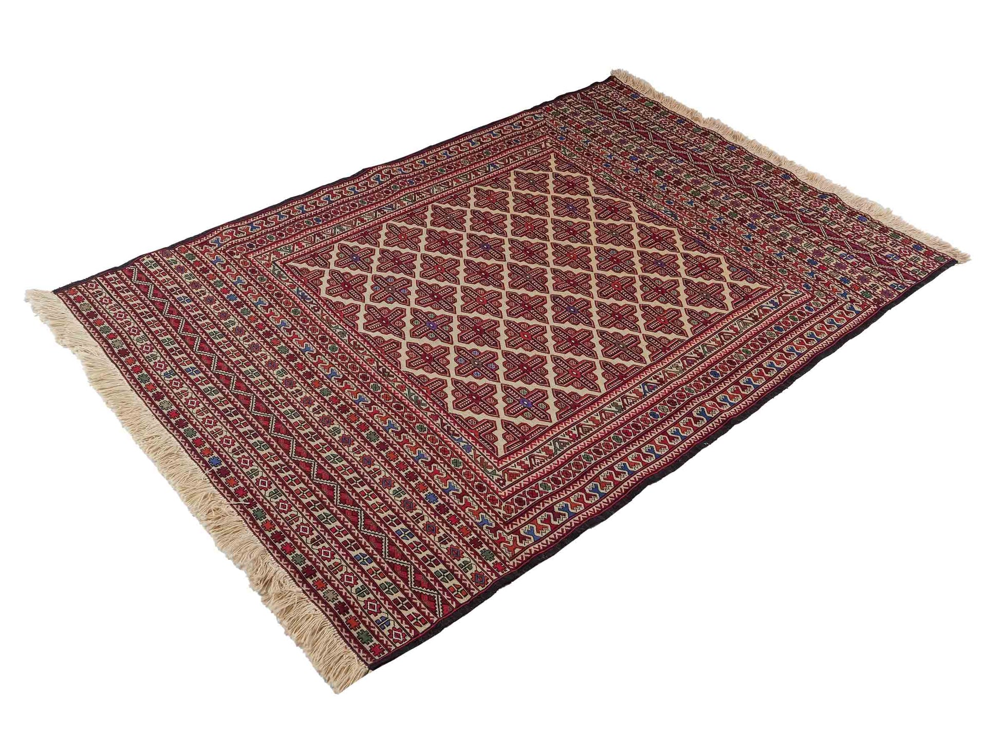 Handgefertigter Kelim Afghan Teppich aus Wolle von Khademi. Größe 193 x 130 cm. Farbe: Beige, rot, blau. Verkauf durch JUPITER Intl.