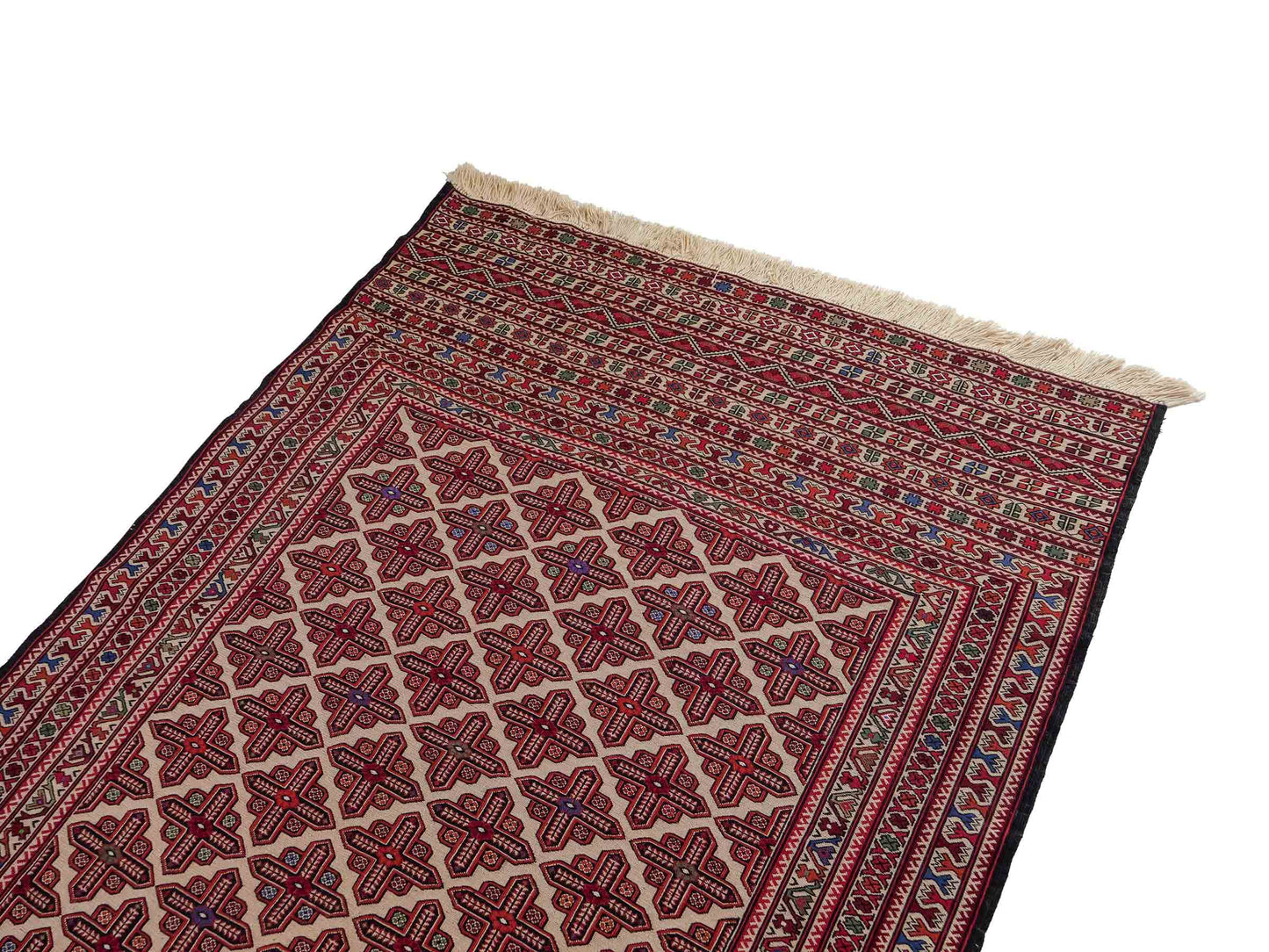 Handgefertigter Kelim Afghan Teppich aus Wolle von Khademi. Größe 193 x 130 cm. Farbe: Beige, rot, blau. Verkauf durch JUPITER Intl.