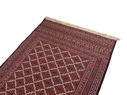 Handgefertigter Kelim Afghan Teppich aus Wolle von Khademi. Größe 193 x 130 cm. Farbe: Beige, rot, blau. Verkauf durch JUPITER Intl.