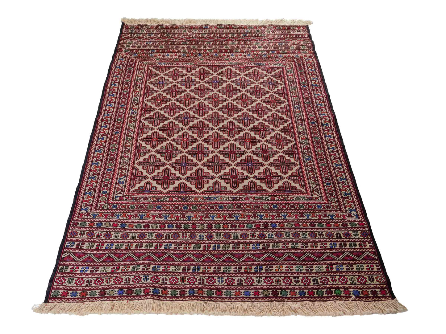 Handgefertigter Kelim Afghan Teppich aus Wolle von Khademi. Größe 193 x 130 cm. Farbe: Beige, rot, blau. Verkauf durch JUPITER Intl.