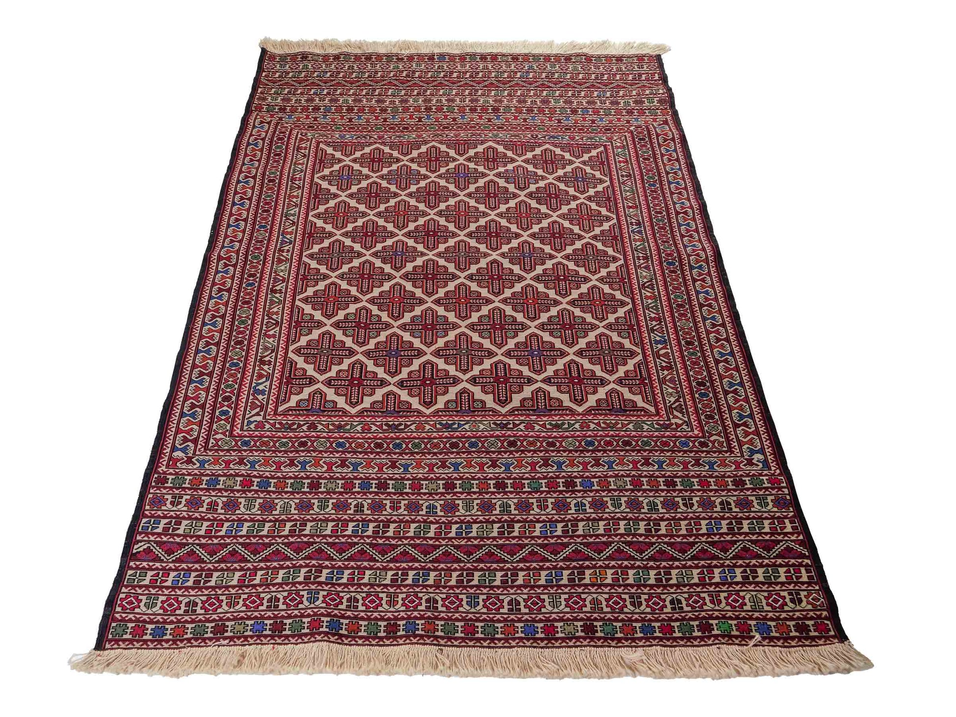 Handgefertigter Kelim Afghan Teppich aus Wolle von Khademi. Größe 193 x 130 cm. Farbe: Beige, rot, blau. Verkauf durch JUPITER Intl.