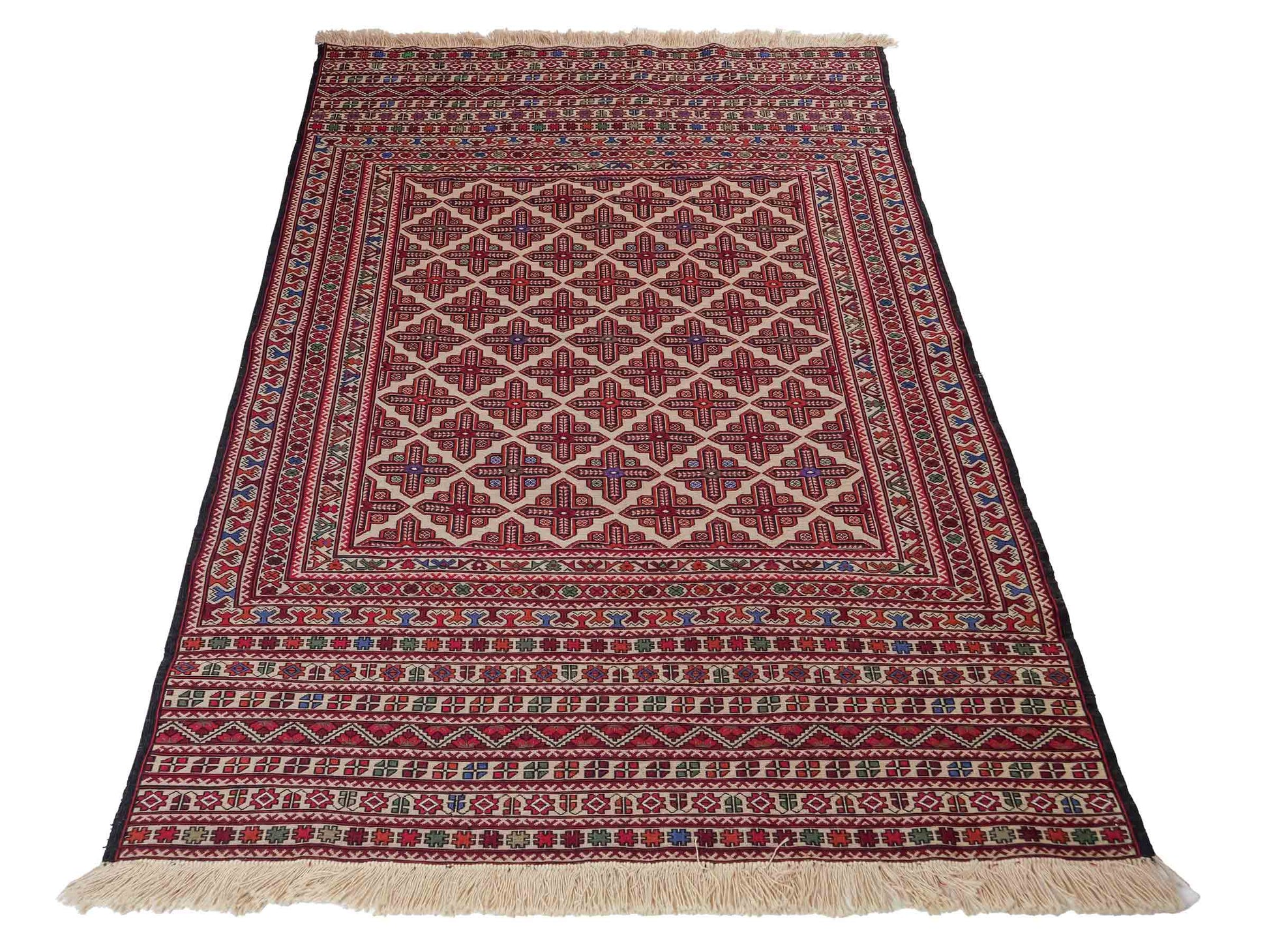 Handgefertigter Kelim Afghan Teppich aus Wolle von Khademi. Größe 193 x 130 cm. Farbe: Beige, rot, blau. Verkauf durch JUPITER Intl.