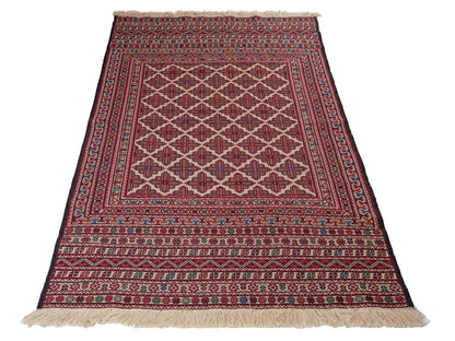 Handgefertigter Kelim Afghan Teppich aus Wolle von Khademi. Größe 193 x 130 cm. Farbe: Beige, rot, blau. Verkauf durch JUPITER Intl.