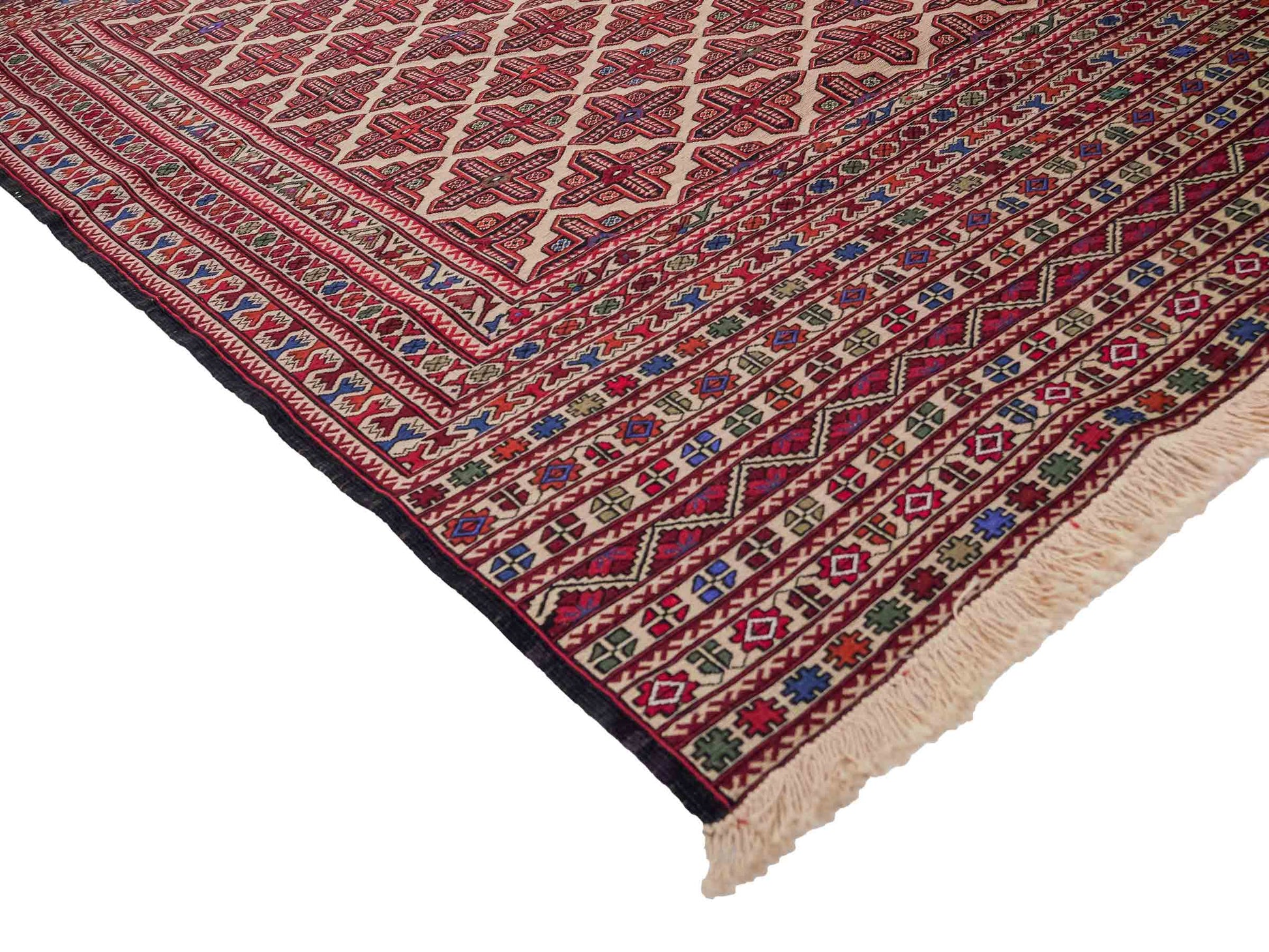 Handgefertigter Kelim Afghan Teppich aus Wolle von Khademi. Größe 193 x 130 cm. Farbe: Beige, rot, blau. Verkauf durch JUPITER Intl.