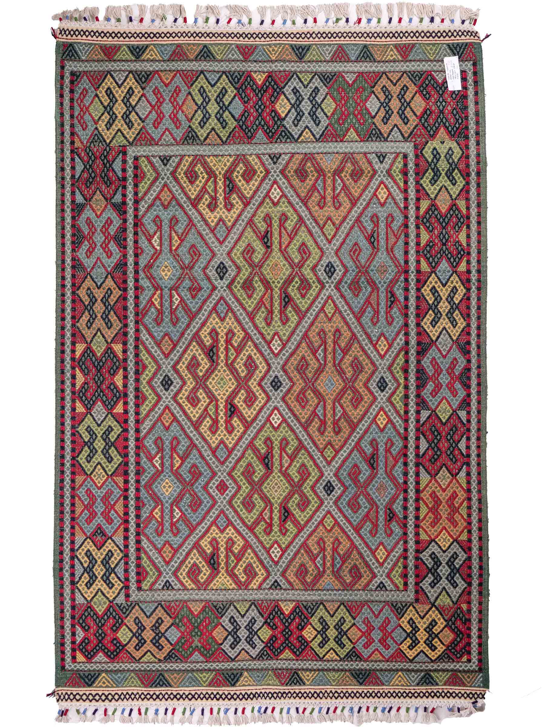 Handgefertigter Kelim Afghan Teppich aus Wolle von Khademi. Größe 198 x 120 cm. Farbe: Grün, rot, blau. Verkauf durch JUPITER Intl.