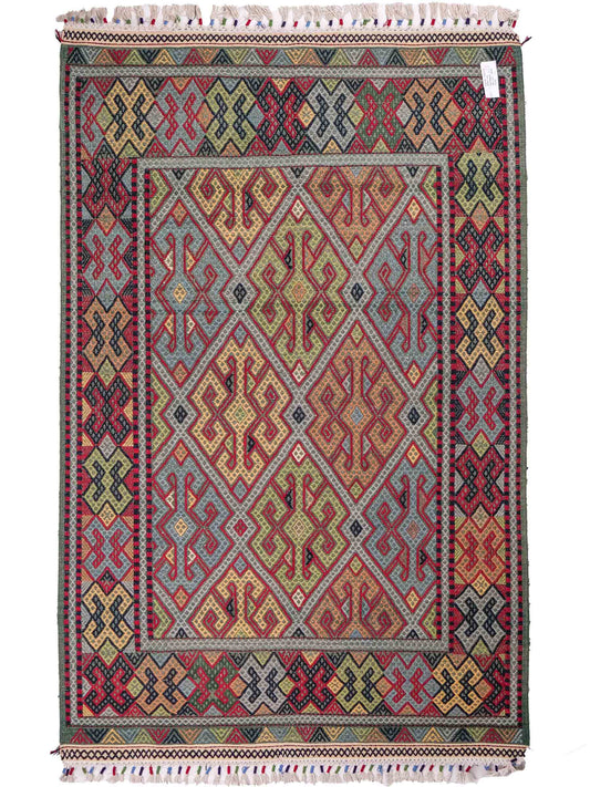 Handgefertigter Kelim Afghan Teppich aus Wolle von Khademi. Größe 198 x 120 cm. Farbe: Grün, rot, blau. Verkauf durch JUPITER Intl.