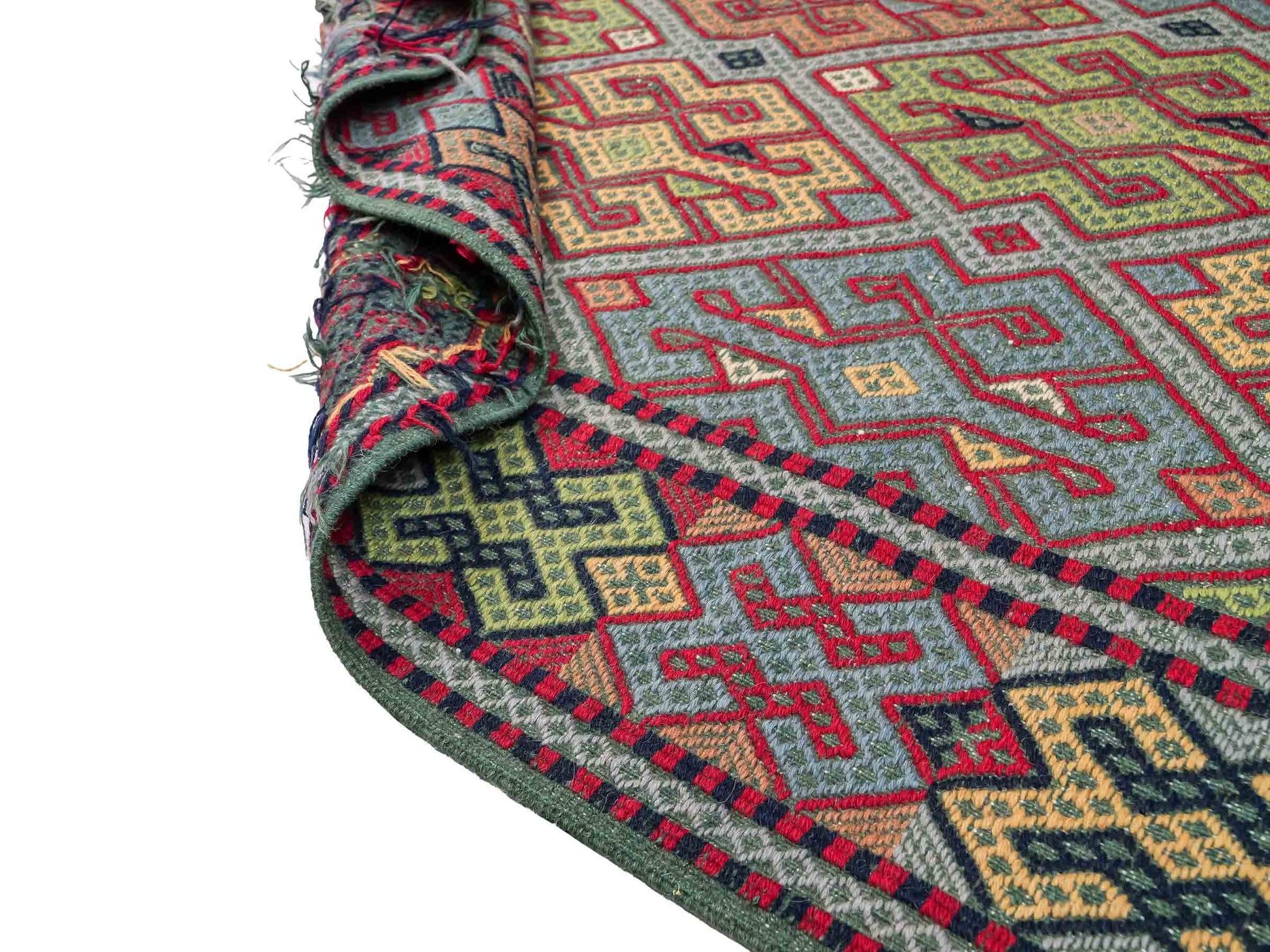 Handgefertigter Kelim Afghan Teppich aus Wolle von Khademi. Größe 198 x 120 cm. Farbe: Grün, rot, blau. Verkauf durch JUPITER Intl.
