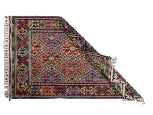 Handgefertigter Kelim Afghan Teppich aus Wolle von Khademi. Größe 198 x 120 cm. Farbe: Grün, rot, blau. Verkauf durch JUPITER Intl.