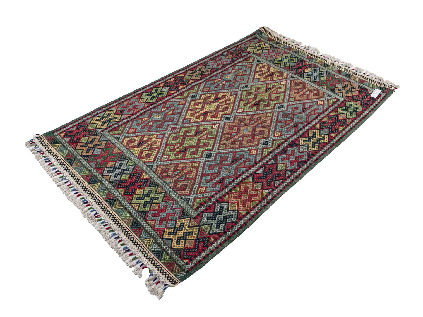 Handgefertigter Kelim Afghan Teppich aus Wolle von Khademi. Größe 198 x 120 cm. Farbe: Grün, rot, blau. Verkauf durch JUPITER Intl.